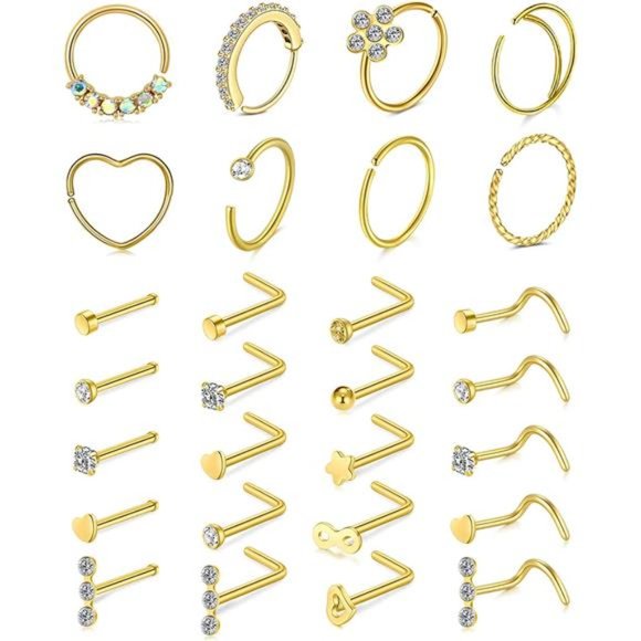 28 Pack Nose Rings Stainless Steel  Hoop L Shape Nose Studs Nose Screw Bone - Picture 1 of 2